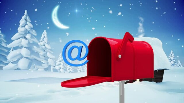 At the rate sign coming put of red mailbox against snow falling over winter landscape