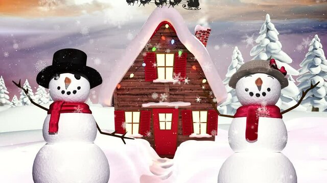 Animation of santa claus in sleigh with reindeer over two snowmen and christmas decorated house