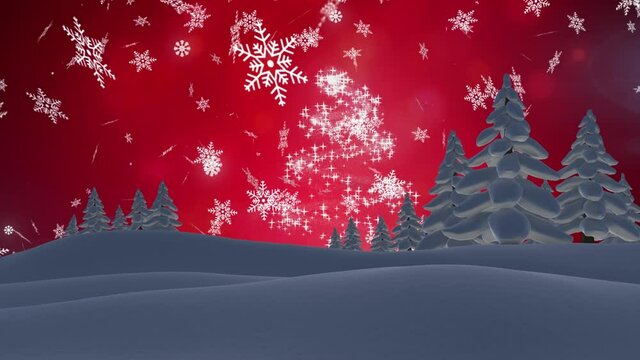 Shooting star and snowflakes falling over multiple trees on winter landscape against red background