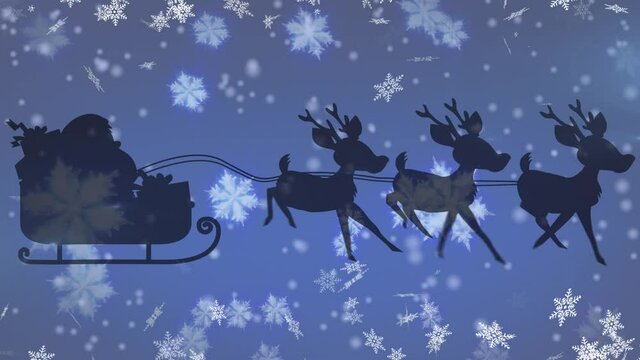 Snowflakes falling over santa claus in sleigh being pulled by reindeers on blue background
