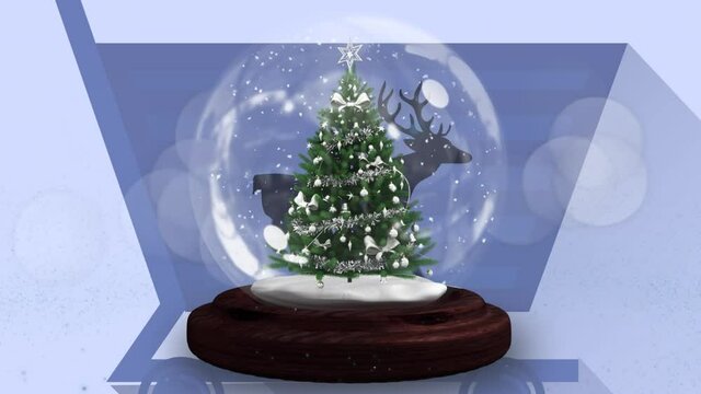 Shooting stars around christmas tree in a snow globe against reindeer running and shopping cart icon