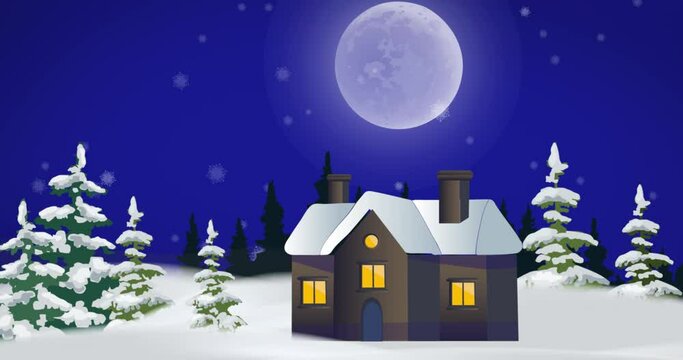 Snowflakes falling over multiple trees and house icon on winter landscape against blue background