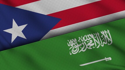 Puerto Rico and Saudi Arabia Flags Together, Wavy Fabric, Breaking News, Political Diplomacy Crisis Concept, 3D Illustration