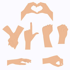 Man's hands, set of 7 positions - isolated on white background - vector. Design elements