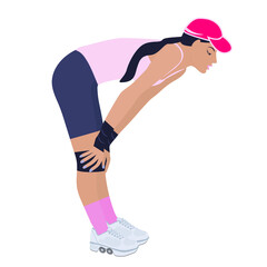 Girl on roller skates, inclined posture, hands on knees - isolated on white background - vector. Design element. Sports motivation.