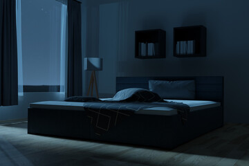 3d rendering of spacious bedroom with cozy box-spring bed at night