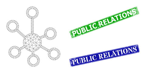 Triangular relations image, and Public Relations blue and green rectangular dirty seal imitations. Mesh wireframe image is created from relations pictogram.