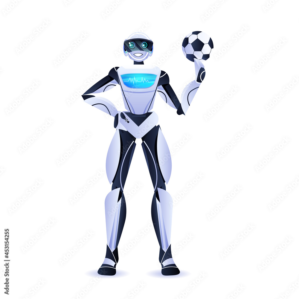 Poster robot soccer player holding ball modern robotic character artificial intelligence technology concept