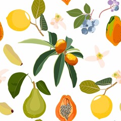 Stylish pear, blue berry, lemon seamless pattern in scandinavian style. Fruit illustration. Natural seamless texture.