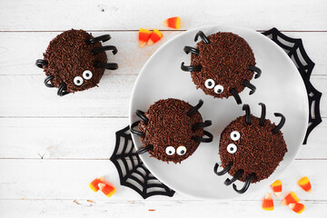 Halloween spider cupcakes, overhead table scene on a white wood background