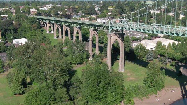 Aerial: Traffic on the St. Johns Bridge crossing the Willamette River, Portland, USA