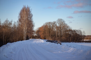 Fototapeta premium slippery forest country road in Latvian woods and fields December, January, February common usual landscape in northern Europe plains 