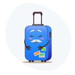 Confused big blue suitcase on wheels and postmarks on plastic corpus dreaming about vacation