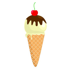 Ice cream in waffle cone with cherry on top