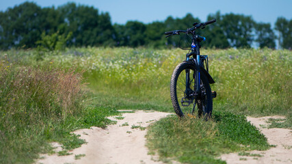 Fototapeta na wymiar bike stands on the road in the field. A mountain bike stands on a field path with green grass. Mountain bike, blooming summer field, meadow flowers, sunny day. ride a bike. outdoor activities