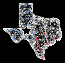 Glowing crossing mesh texas map logo frame with lightspots. Constellation vector mesh created from texas map logo pictogram and crossing white lines. Sparkle constellation mesh texas map logo,
