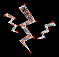 Flare net mesh crack strikes carcass with light dots. Constellation vector carcass created from crack strikes symbol and crossed white lines. Sparkle carcass mesh crack strikes, on a black backgound.