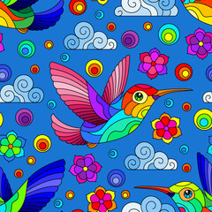 Seamless pattern with bright Hummingbird birds, clouds and flowers, bright birds on a blue background