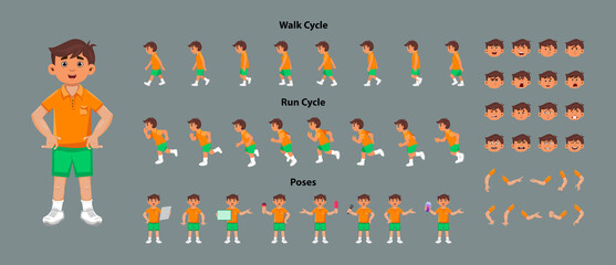 Cute boy character model sheet with walk cycle and run cycle animation sequence. Boy character with different poses