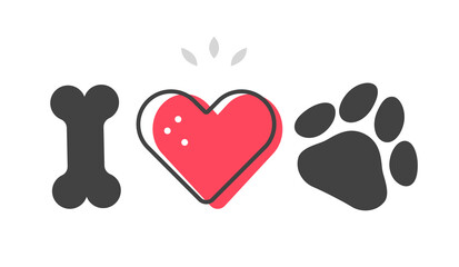 I love dogs concept. Love for pet clip art with heart and paw. Isolated vector image.