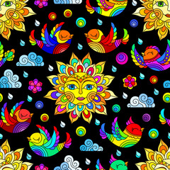 Seamless pattern with suns and bright birds on the sky background, birds on a black background