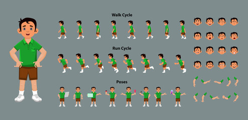 Boy character model sheet with walk cycle and run cycle animation key frames. Boy character with different poses