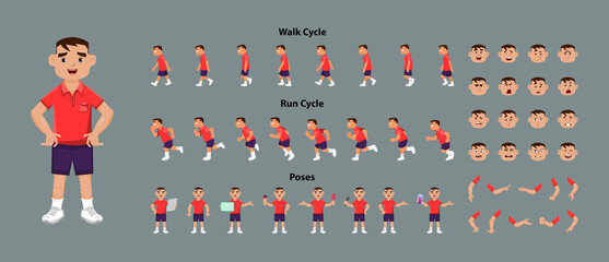 Fototapeta na wymiar Boy character model sheet with walk cycle and run cycle animation sprites sheet. Boy character with different poses