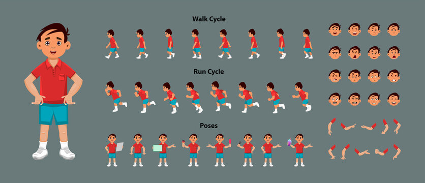 Cute boy character sprite sheet with walk cycle and run cycle animation sequence. Cute boy character with different poses