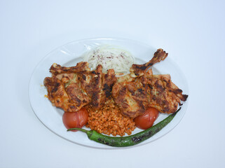 chicken cutlet, roasted peppers and tomatoes, bulgur pilaf with tomatoes