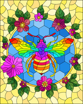 Illustration in the style of a stained glass window with a bee in a circle on a background of honeycombs and bright flowers, rectangular image