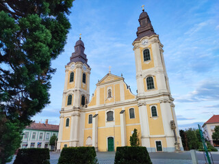 Fototapeta na wymiar Facade of Saint Bartholomew Church in the town of Gyöngyös, Hungary
