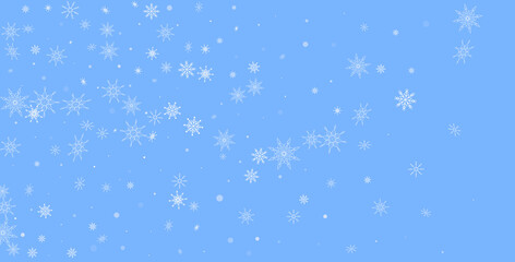 White delicate openwork snowflakes are scattered on a blue background. Festive background, postcard design, wallpaper