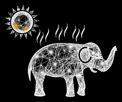 Shiny Crossing Mesh Elephant Under Sun Heat Carcass With Flash Nodes. Illuminated Vector Mesh Created From Elephant Under Sun Heat Symbol And Intersected White Lines.