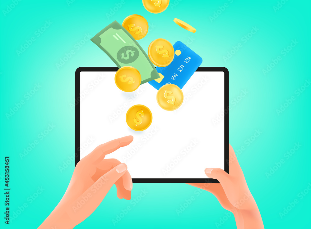 Poster receiving or send money via modern tablet computer