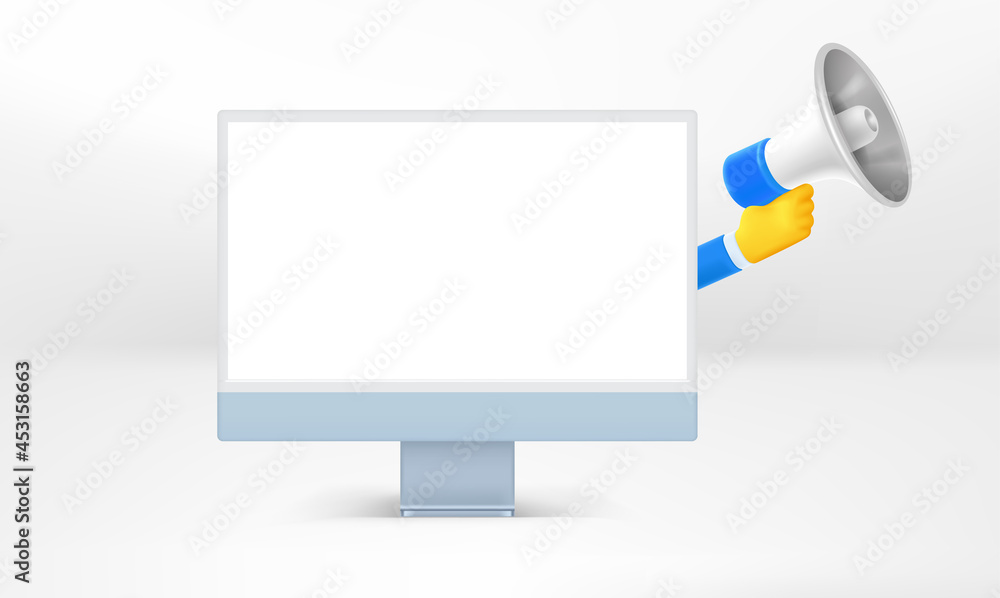 Aufkleber Web notification concept with empty monitor. Hand with loudspeaker