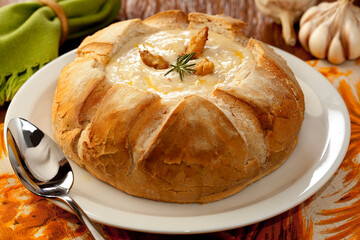 Sopa creme de queijo no pão italiano sobre mesa decorada.
