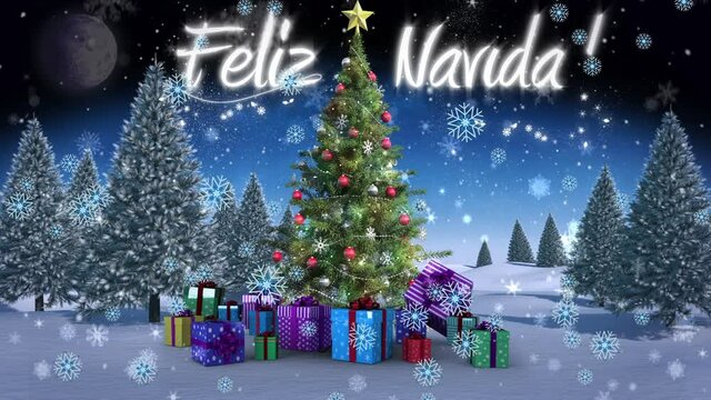 Snowflakes falling over christmas tree and gifts on winter landscape and feliz navidad text in sky