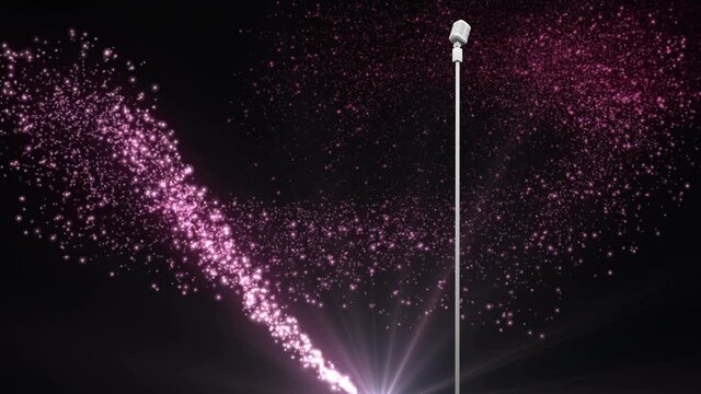 Retro white microphone against purple shooting star against black background