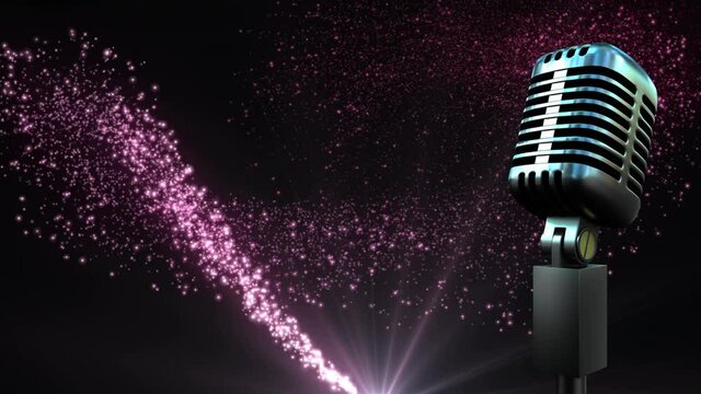 Retro white microphone against purple shooting star against black background