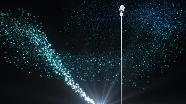 Retro white microphone against blue shooting star against black background