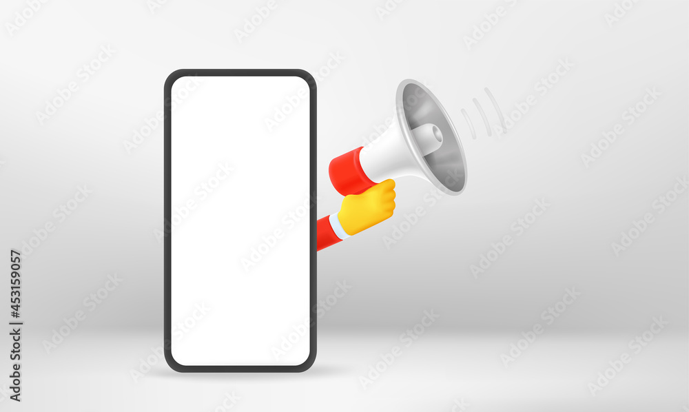 Aufkleber Hand with loudspeaker. Web notification concept with mobile phone mockup,