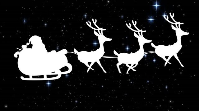 Santa claus in sleigh being pulled by reindeers over shining star falling against black background