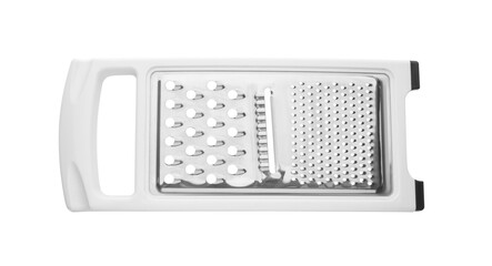 Fototapeta premium Stainless steel grater on white background, top view. Kitchen utensil