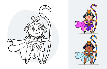 Vector cartoon colorbook for children with an ancient egypt queen pig with color variations examples