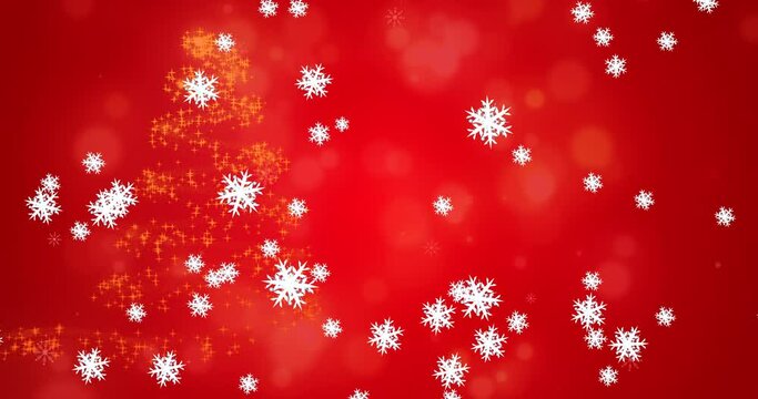 Snowflakes falling against shooting star forming a christmas tree on red background