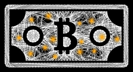 Glare crossing mesh bitcoin bill carcass with bright dots. Illuminated vector carcass created from bitcoin bill pictogram and intersected white lines. Sparkle constellation mesh bitcoin bill,