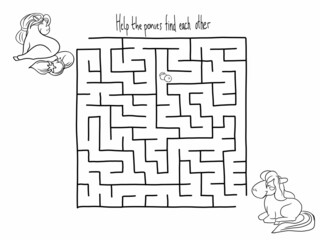 Help the horses meet each other, children's solution, maze, line drawing, black and white illustration for children's development