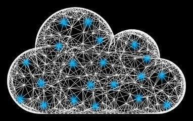 Bright net mesh cloud carcass with bright dots. Illuminated vector mesh created from cloud symbol and crossing white lines. Sparkle constellation mesh cloud, on a black backgound.