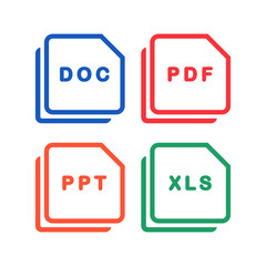 File type. Format and extension of documents. PDF, DOC, PPT and XLS. Illustration vector