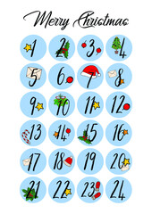 Set of Cute Christmas Illustration. Stickers Santa hat, christmas tree, heart, snowflakes - Sale sign, flyer, poster, shopping, card. Advent Calendar Numbers, Countdown to Christmas,Round advent calen